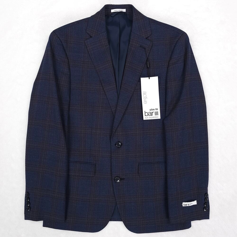 Bar III Mens Slim Fit Suit Jacket Blazer 36S Navy Blue Tan Plaid Wool Stretch